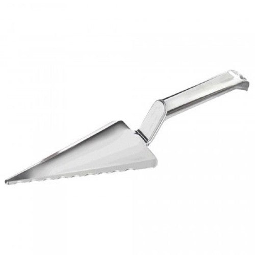 Durable 11-inch plastic pie cutter with sleek silver finish, perfect for uniform dessert slices.