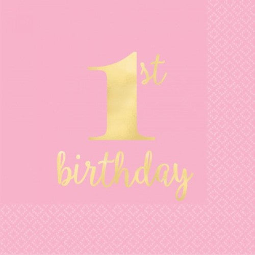 Elegant pink hot-stamped beverage napkins for 1st birthday, pack of 16, perfect for adding charm to celebrations.