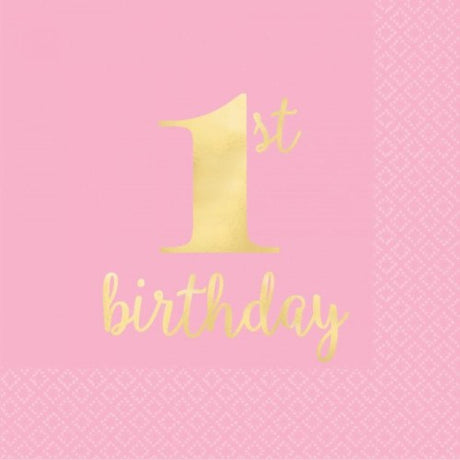 Elegant pink hot-stamped beverage napkins for 1st birthday, pack of 16, perfect for adding charm to celebrations.