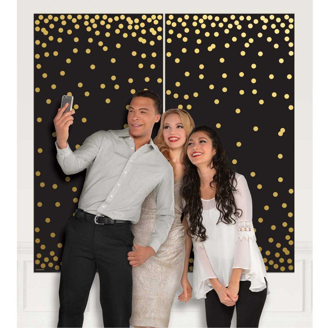 Black and gold confetti backdrop set for photo booths, includes two durable 65in x 65in scene setters for elegant parties.