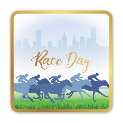 Premium hot stamped drink coasters in a race day theme, perfect for gatherings and protecting surfaces during celebrations.