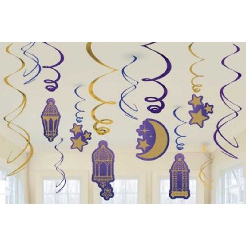 Pack of 12 enchanting Moon & Stars hanging swirl decorations, perfect for adding magic to any celebration.
