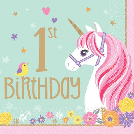 Colorful unicorn-themed lunch napkins for a magical 1st birthday, pack of 16, perfect for cake and snacks.