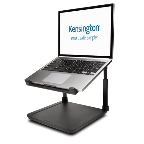 Kensington SmartFit Laptop Riser in black with adjustable height settings, cable management, and anti-skid pads for ergonomic support.