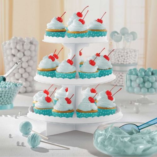 White 3 tier cupcake stand, 11 inches wide, ideal for showcasing desserts at celebrations like birthdays and weddings.