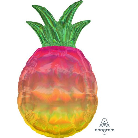 Vibrant holographic pineapple foil balloon, 43cm x 78cm, perfect for tropical-themed celebrations and parties.