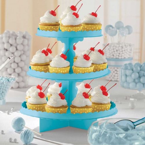 3 Tier Caribbean Blue Cupcake Stand, 11 inches, perfect for showcasing desserts at events and parties.