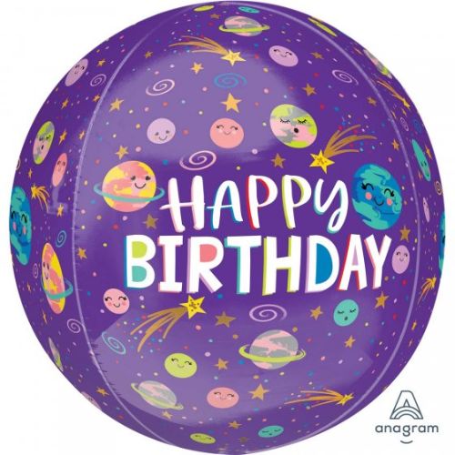 Large foil balloon featuring a smiling galaxy design, perfect for celebrating happy birthdays.
