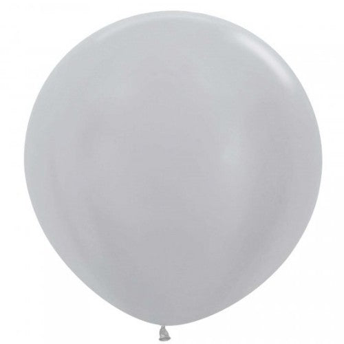 Three elegant satin silver latex balloons, 60cm, perfect for sophisticated party decor and celebrations.