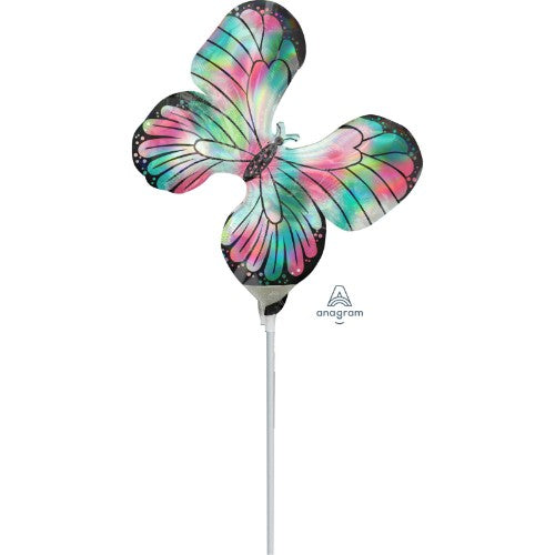 Holographic teal and pink butterfly foil balloon, perfect for celebrations and enchanting decor.