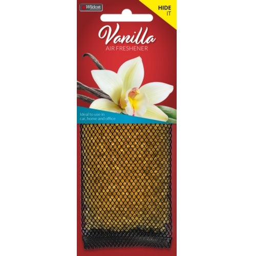 Discreet vanilla air freshener sachet from WILDCAT designed for long-lasting freshness under seats in cars, homes, and offices.