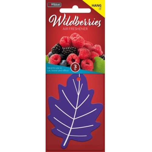 Pack of 3 Wildberries-scented air fresheners with leaf design, perfect for enhancing any space with a delightful aroma.