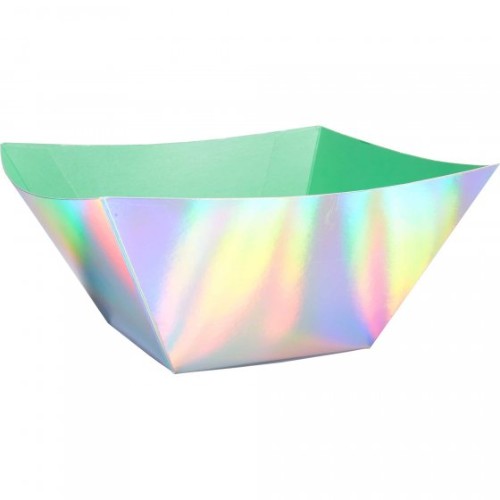 Pack of 3 shimmering iridescent paper serving bowls, 20.3cm, ideal for snacks and desserts at celebrations.