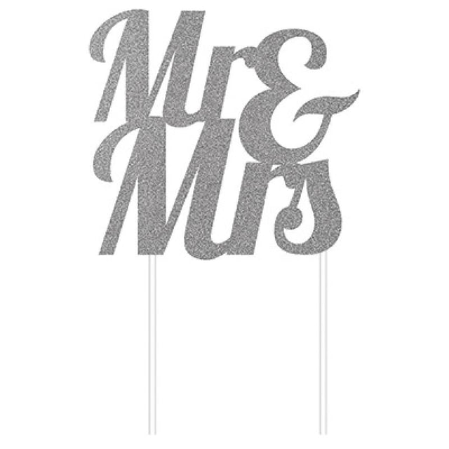 Silver glittered cardboard cake topper featuring 'Mr & Mrs', measuring 24cm x 18cm, perfect for weddings.