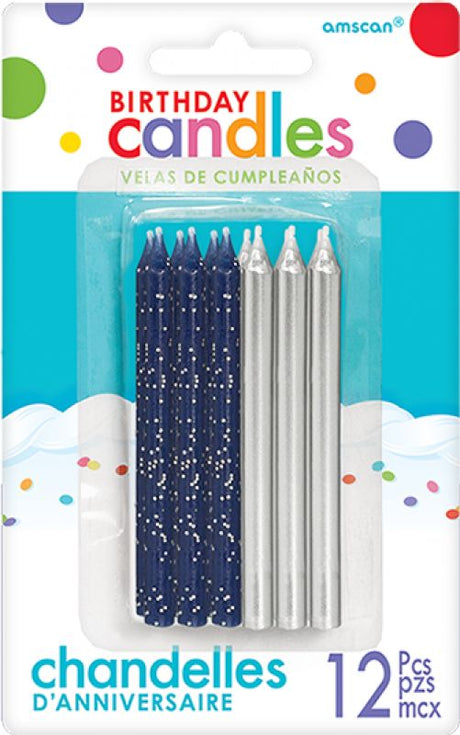 Pack of 12 glittering silver and blue candles, 8cm tall, perfect for adding sparkle to celebrations and desserts.