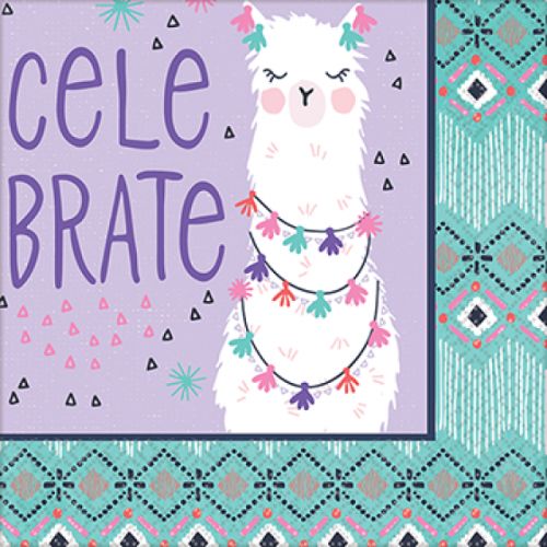 Colorful llama-themed beverage napkins, 25cm x 25cm, pack of 16, perfect for fun parties.