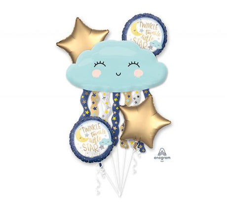 Pack of 5 Twinkle Little Star foil balloons, perfect for baby showers and birthday parties, featuring 1 shaped and 4 standard balloons.