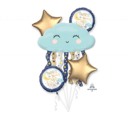 Pack of 5 Twinkle Little Star foil balloons, perfect for baby showers and birthday parties, featuring 1 shaped and 4 standard balloons.