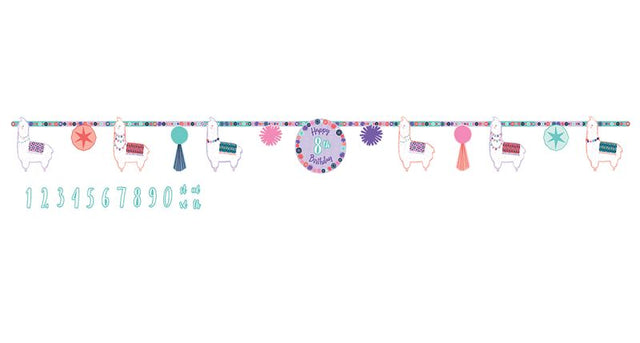 Llama Fun Jumbo Add-An-Age Banner: 3m long, customizable with 24 attachable pieces for festive celebrations.