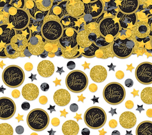 Gold Happy Birthday confetti pack featuring 2.5oz of shimmering foil and cardboard for elegant party decor.