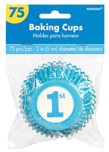 Pack of 75 blue cupcake cases for 1st birthday celebrations, perfect for a charming presentation of baked treats.