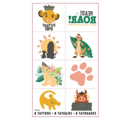 Collection of 8 colorful Lion King temporary tattoos featuring Simba, Mufasa, and Rafiki for fun and creative expression.