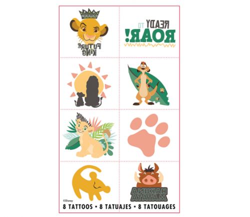 Collection of 8 colorful Lion King temporary tattoos featuring Simba, Mufasa, and Rafiki for fun and creative expression.