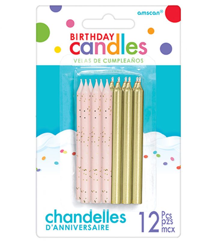 Pack of 12 pink glittered and metallic gold candles, 8cm tall, perfect for celebrations and festive decor.