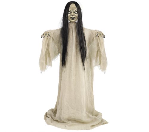 91cm Standing Creepy Girl Prop, perfect for spooky Halloween decor, crafted from durable fabric and plastic for indoor and outdoor use.