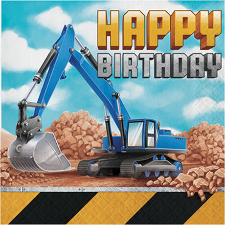 Pack of 16 Big Dig Construction Lunch Napkins featuring vibrant diggers and trucks for festive birthday celebrations.