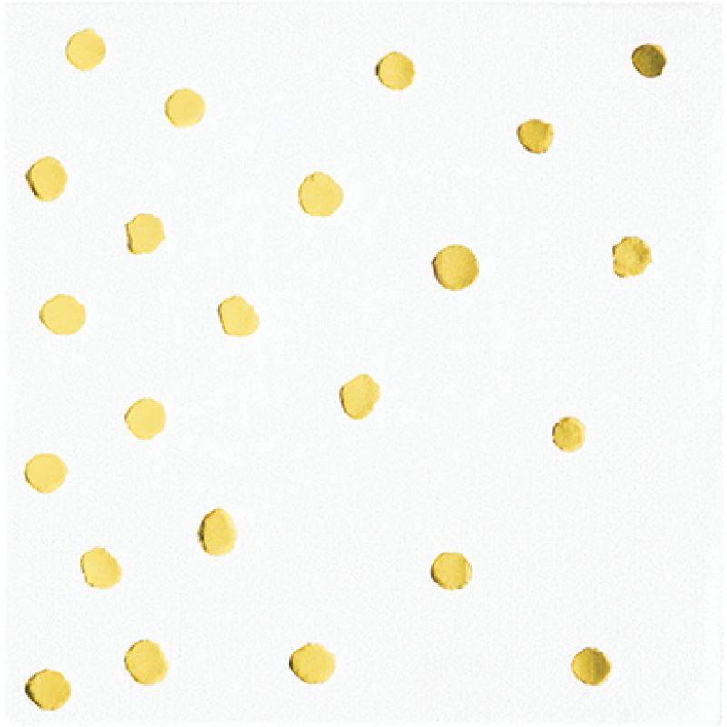 White and gold foil dot beverage napkins in a pack of 16 for elegant party decor and easy cleanup.