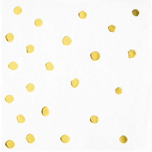 White and gold foil dot beverage napkins in a pack of 16 for elegant party decor and easy cleanup.