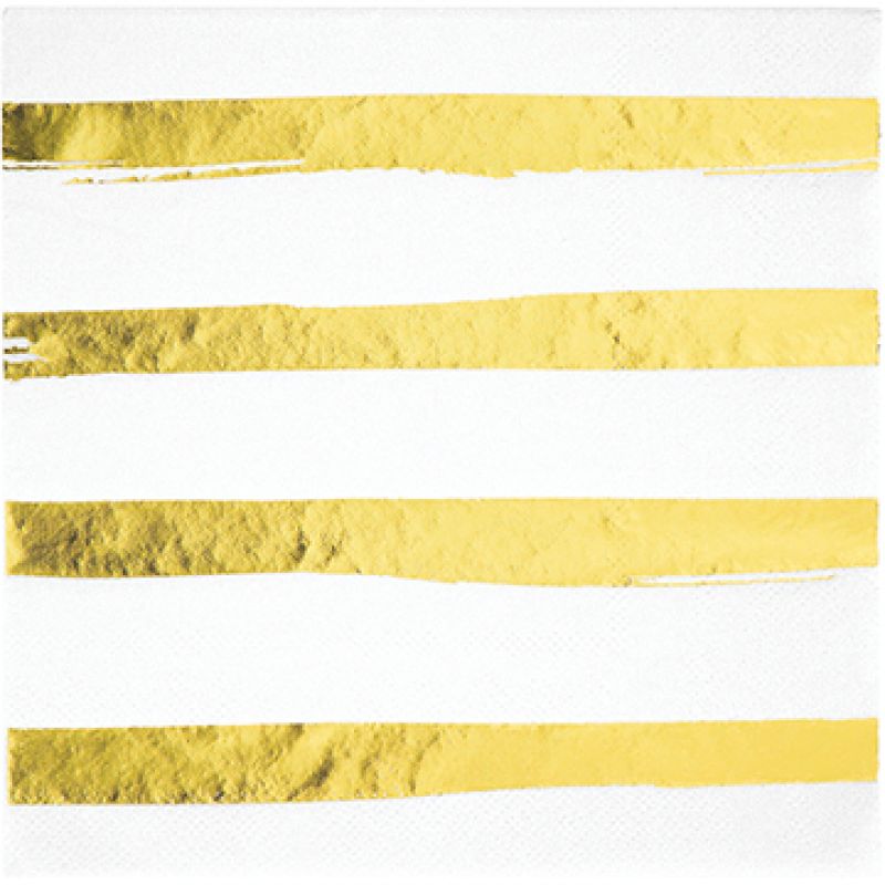 Pack of 16 elegant white napkins with gold foil stripes, perfect for upscale dining and celebrations.