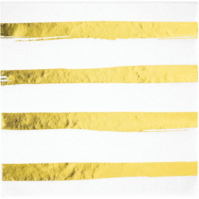 Pack of 16 elegant white napkins with gold foil stripes, perfect for upscale dining and celebrations.