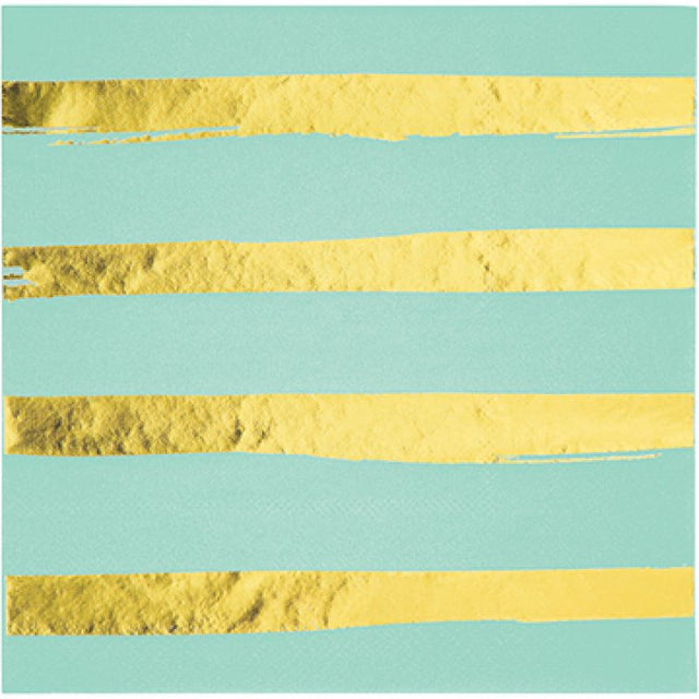 Pack of 16 Fresh Mint lunch napkins with elegant gold foil stripes, perfect for stylish dining and entertaining.