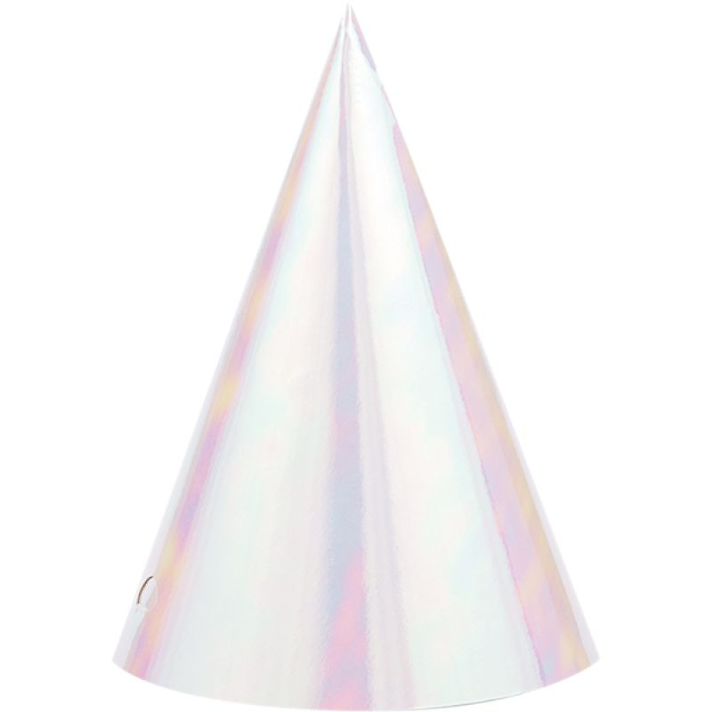 Pack of 8 iridescent foil cone hats, perfect for vibrant party decor and celebrations, adding fun to any event.