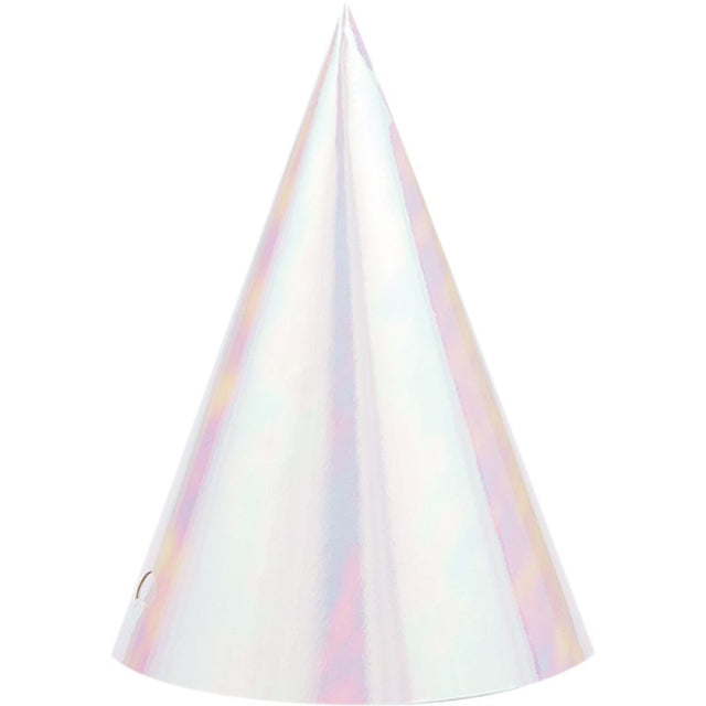Pack of 8 iridescent foil cone hats, perfect for vibrant party decor and celebrations, adding fun to any event.