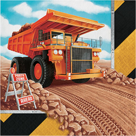 Colorful Big Dig Construction Lunch Napkins featuring diggers and dump trucks, perfect for kids' parties and meals.
