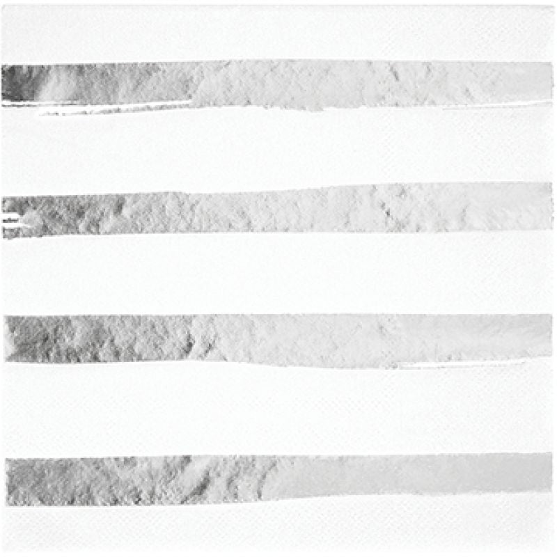 Elegant white and silver foil striped lunch napkins, pack of 16, perfect for any gathering or event.