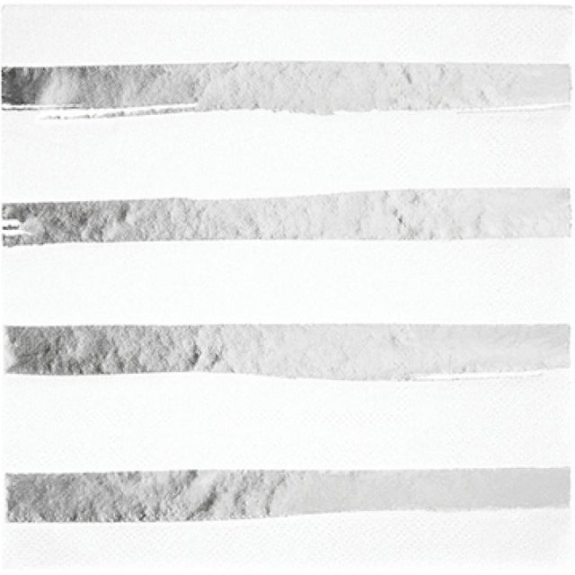 Elegant white and silver foil striped lunch napkins, pack of 16, perfect for any gathering or event.