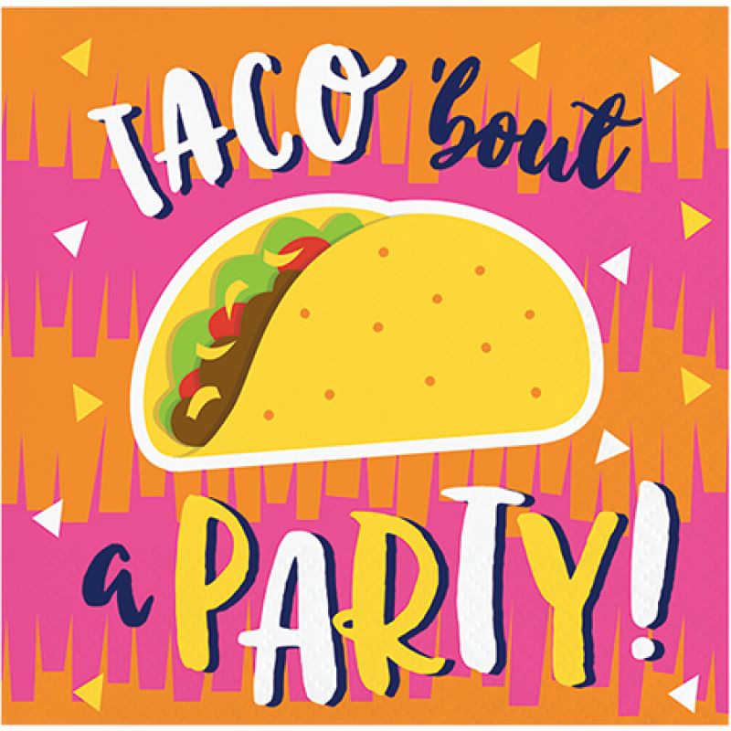 Colorful Fiesta Fun Beverage Napkins featuring 'Taco Bout A Party' design, perfect for lively celebrations and gatherings.