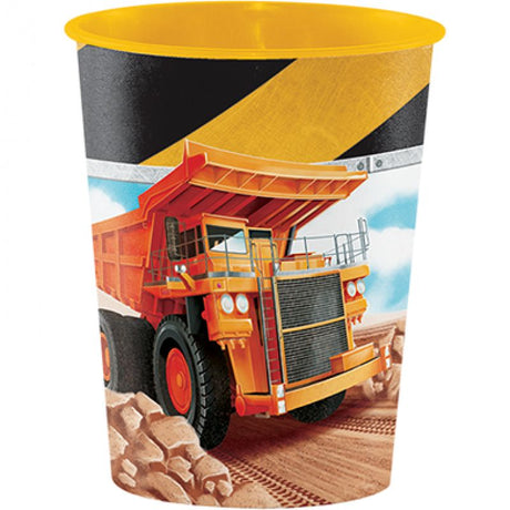 Colorful Big Dig Construction cup featuring bulldozers and cranes, perfect for kids' parties and keepsake favors.