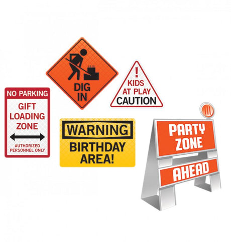 Colorful construction-themed easel and wall signs, perfect for child's play area or birthday parties, pack of 5.