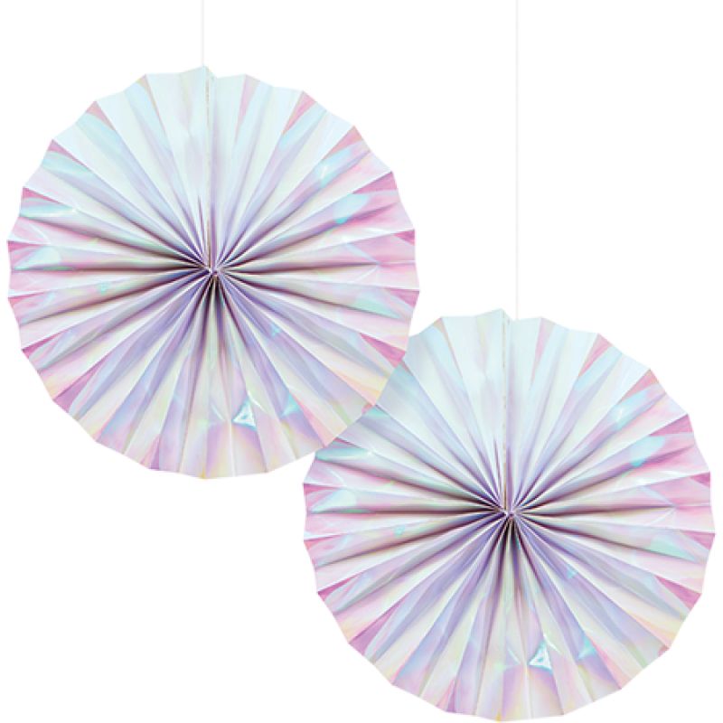 Pack of 2 30cm iridescent foil paper fans, perfect for events and decor activities.