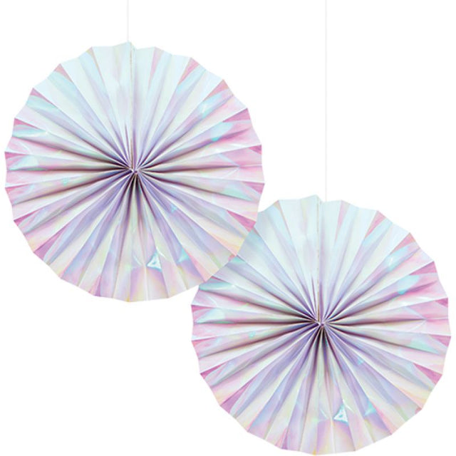 Pack of 2 30cm iridescent foil paper fans, perfect for events and decor activities.