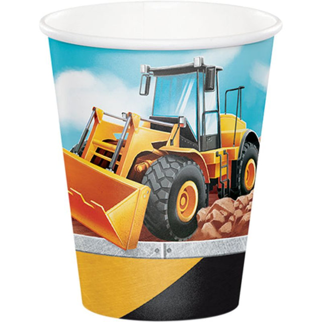 Pack of 8 Big Dig Construction Cups, 266ml, featuring fun truck and digger designs, perfect for kids' parties and events.