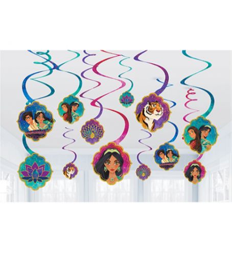 Colorful Aladdin spiral hanging swirl decorations, perfect for enchanting themed parties and celebrations.
