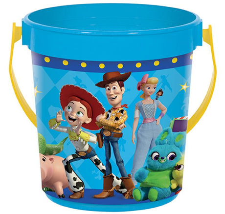 Colorful Toy Story 4 favor container featuring Woody, Buzz, and Jessie, perfect for party treats and gifts.