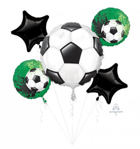 Goal Getter Soccer Bouquet with self-sealing foil balloons, includes one shaped and four standard balloons.