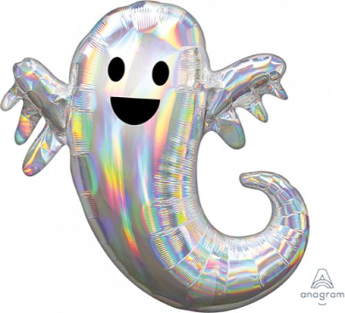 Iridescent holographic ghost balloon, perfect for Halloween, measuring 63cm x 71cm with a striking reflective finish.